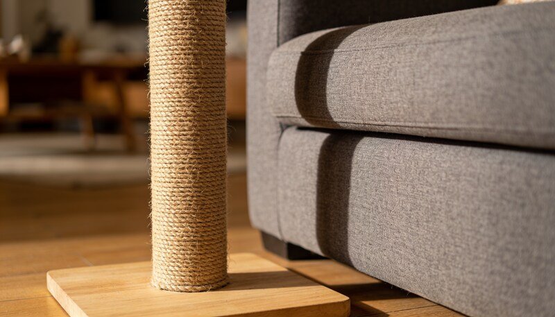 A tall sisal-wrapped scratching post on a wide timber base standing on floorboards directly beside a grey fabric couch.