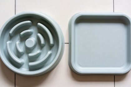 An empty round maze feeding bowl with raised ridges beside a flat square textured silicone lick mat on pale tiles.