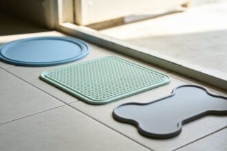 Three empty silicone lick mats in different shapes and muted colours on a pale tiled floor beside a sunlit doorway.