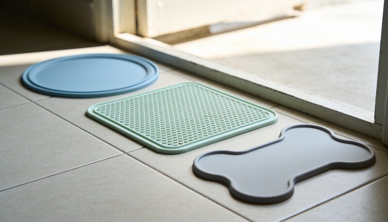 Three empty silicone lick mats in different shapes and muted colours on a pale tiled floor beside a sunlit doorway.
