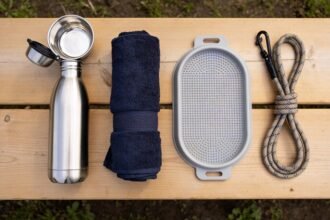 A stainless steel dog drink bottle with a fold-out bowl, a rolled navy towel, a silicone lick mat and a coiled rope lead on a timber bench.