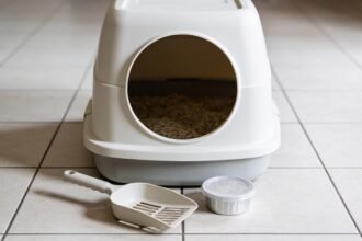 A plain white enclosed litter box on floor tiles with a scoop lying in front of it and a small sealed tub beside the scoop.