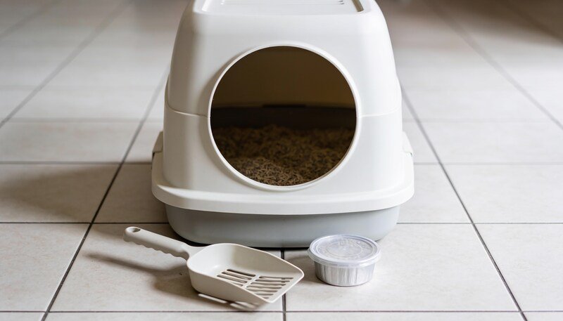 A plain white enclosed litter box on floor tiles with a scoop lying in front of it and a small sealed tub beside the scoop.