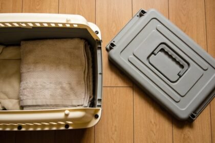 The two halves of a hard-sided pet carrier lying apart on floorboards, with a folded blanket in the lower base and the upper half beside it.