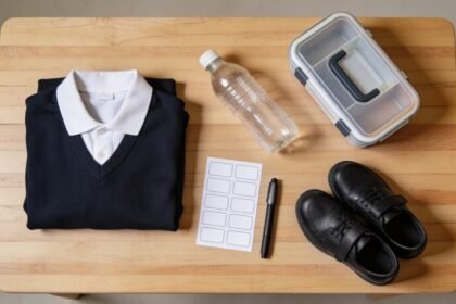A folded school jumper, a drink bottle, a lunchbox and black school shoes on a timber table beside a sheet of blank white stickers and a marker.