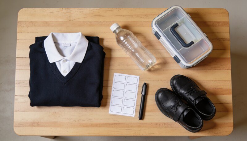 A folded school jumper, a drink bottle, a lunchbox and black school shoes on a timber table beside a sheet of blank white stickers and a marker.