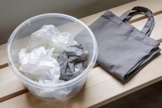 A clear plastic tub on a timber benchtop filled with clean scrunched soft plastic packaging, with a folded grey shopping bag beside it.