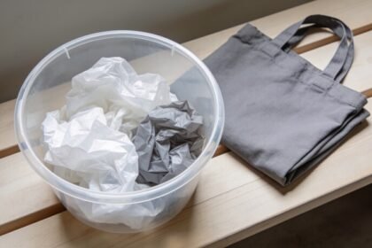 A clear plastic tub on a timber benchtop filled with clean scrunched soft plastic packaging, with a folded grey shopping bag beside it.
