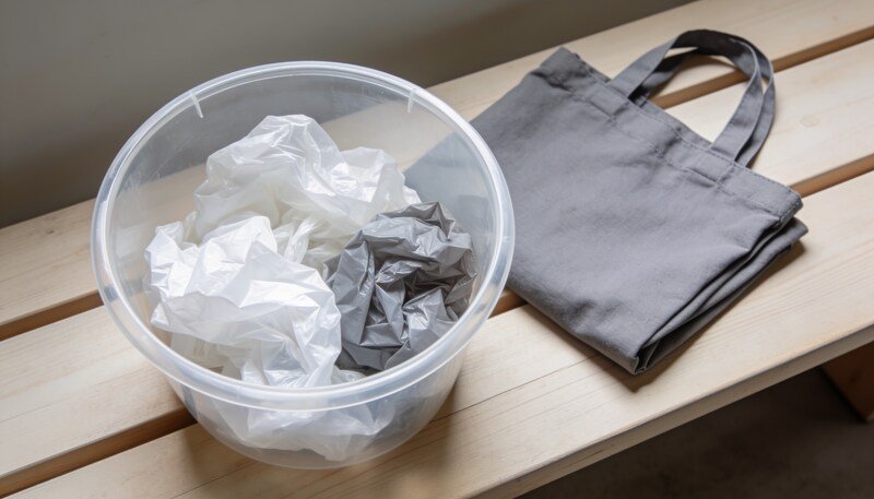A clear plastic tub on a timber benchtop filled with clean scrunched soft plastic packaging, with a folded grey shopping bag beside it.