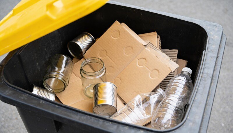 Looking straight down into an open recycling bin under its raised yellow lid, holding loose flattened cardboard, plain glass jars, aluminium cans and plastic bottles, none of it bagged.