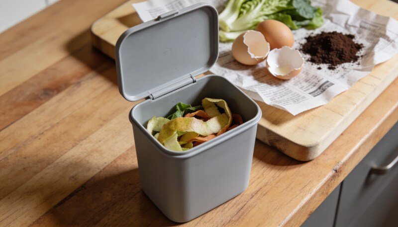 An open grey kitchen caddy on a timber bench holding vegetable peelings, with egg shells, coffee grounds and sheets of newspaper on a chopping board beside it.
