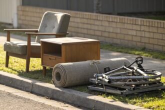 A hard rubbish pile sorted into three groups on a nature strip: an armchair and side table, a rolled tied carpet, and stacked scrap metal with a bike frame.