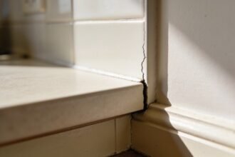A close view of the narrow gap where a pale kitchen benchtop meets the wall, with the skirting join below it lit from the side.