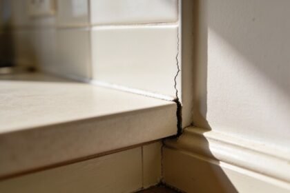 A close view of the narrow gap where a pale kitchen benchtop meets the wall, with the skirting join below it lit from the side.