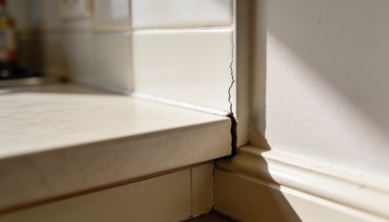 A close view of the narrow gap where a pale kitchen benchtop meets the wall, with the skirting join below it lit from the side.