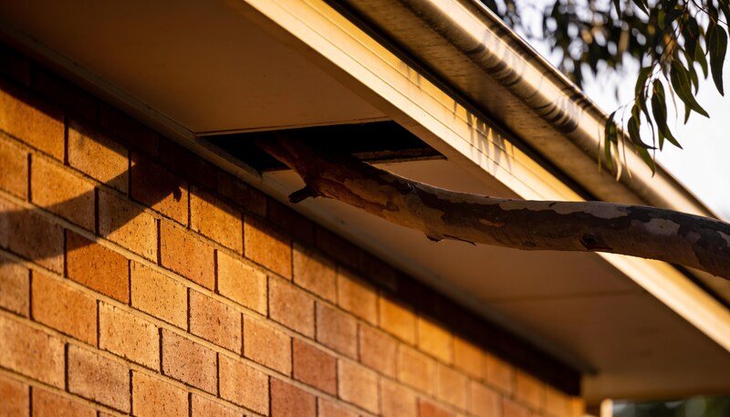 The eaves of a brick house at dusk showing a dark gap open in the eave lining, with a gum branch reaching close to the roofline.