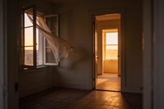 A dim bedroom at dusk with a wide open window on one side and an open internal door on the other, making a path for air to move through the room.