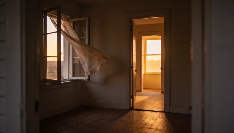 A dim bedroom at dusk with a wide open window on one side and an open internal door on the other, making a path for air to move through the room.