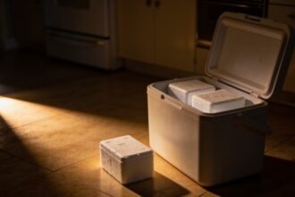 An open esky on a dim kitchen floor at night holding plain freezer bricks, lit by a beam of torchlight from off frame.