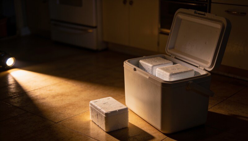 An open esky on a dim kitchen floor at night holding plain freezer bricks, lit by a beam of torchlight from off frame.