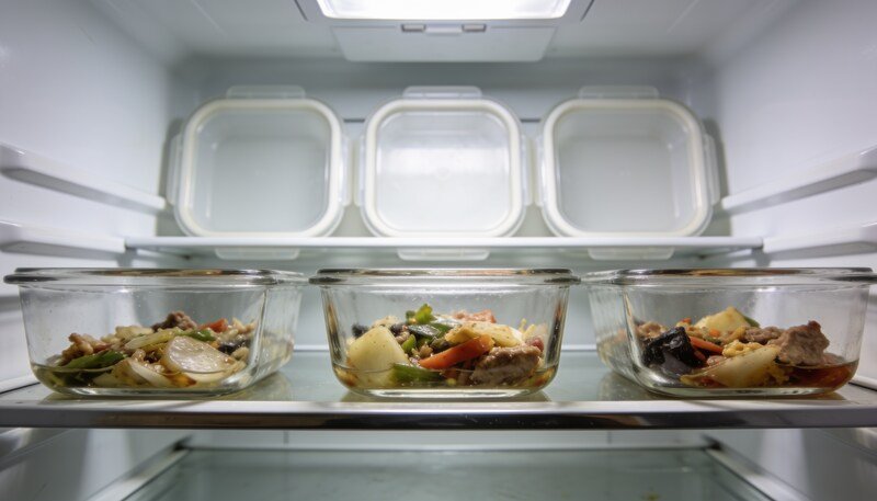 Three clear glass containers of leftovers sitting together at the front of a fridge shelf, with their lids set on the shelf above.