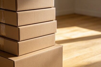 Five closed cardboard moving boxes of different sizes stacked on bare floorboards in an empty room, with afternoon light across the floor.