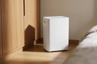 A small plain white portable dehumidifier standing on floorboards in the corner of a bedroom beside a closed timber wardrobe.