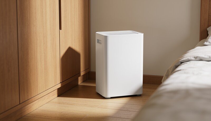 A small plain white portable dehumidifier standing on floorboards in the corner of a bedroom beside a closed timber wardrobe.