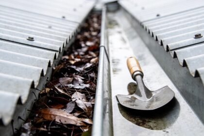 A metal roof gutter running between corrugated steel sheeting, seen close along its length, half packed with dark wet gum leaves and half cleared, with a trowel resting in the clear section.