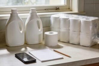 Different-sized laundry-liquid bottles and toilet-paper packs beside a blank notepad and a face-down phone.