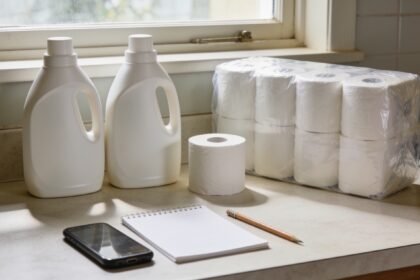Different-sized laundry-liquid bottles and toilet-paper packs beside a blank notepad and a face-down phone.