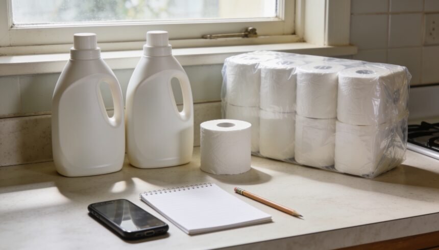 Different-sized laundry-liquid bottles and toilet-paper packs beside a blank notepad and a face-down phone.