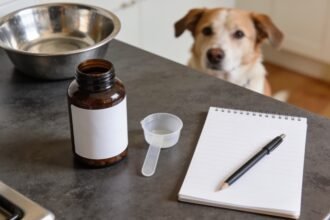 An unbranded pet supplement bottle and measuring scoop beside a blank notepad on a kitchen bench.