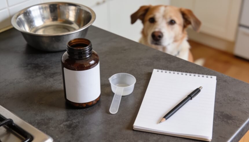 An unbranded pet supplement bottle and measuring scoop beside a blank notepad on a kitchen bench.