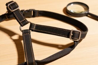 Close-up of an unbranded dog harness showing stitching and a metal buckle beside a magnifying glass.