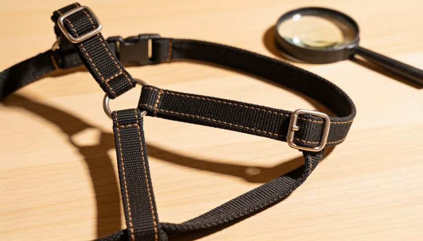 Close-up of an unbranded dog harness showing stitching and a metal buckle beside a magnifying glass.