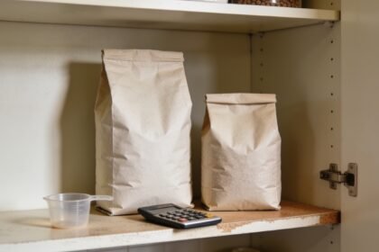 Two different-sized unbranded pet food bags on a pantry shelf beside a measuring cup and calculator.
