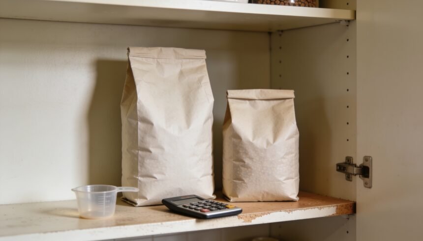 Two different-sized unbranded pet food bags on a pantry shelf beside a measuring cup and calculator.