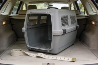 An empty pet travel crate with mesh ventilation panels sitting in an open car boot beside a tape measure.