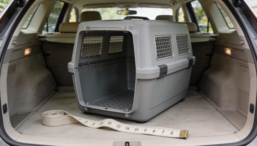 An empty pet travel crate with mesh ventilation panels sitting in an open car boot beside a tape measure.