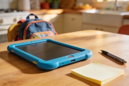 An unbranded kids tablet in a protective case on a kitchen table beside a blank sticky note.
