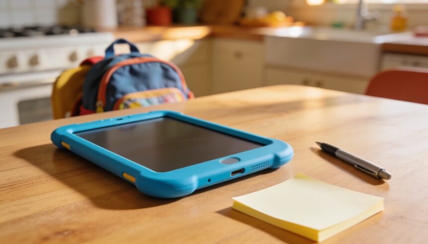 An unbranded kids tablet in a protective case on a kitchen table beside a blank sticky note.
