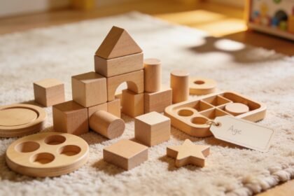 Unbranded wooden building blocks and shape sorters spread on a rug beside a blank age-label tag.