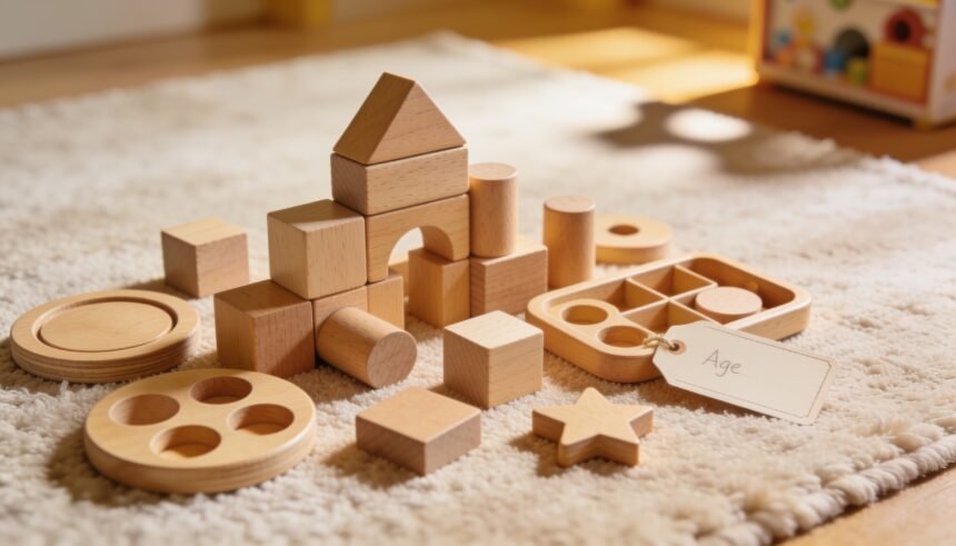 Unbranded wooden building blocks and shape sorters spread on a rug beside a blank age-label tag.