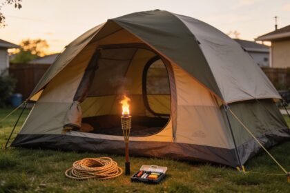 A family tent pitched on a backyard lawn with a torch and repair kit laid out in front of it.