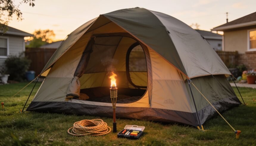 A family tent pitched on a backyard lawn with a torch and repair kit laid out in front of it.