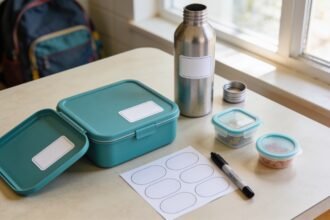 Lunchbox base, separate lid, drink bottle and snack tubs laid out with blank labels and a marker.