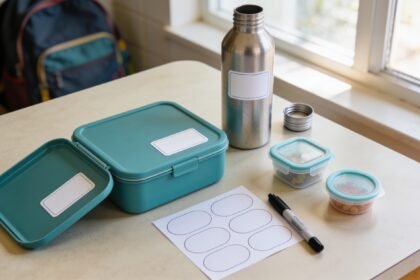 Lunchbox base, separate lid, drink bottle and snack tubs laid out with blank labels and a marker.