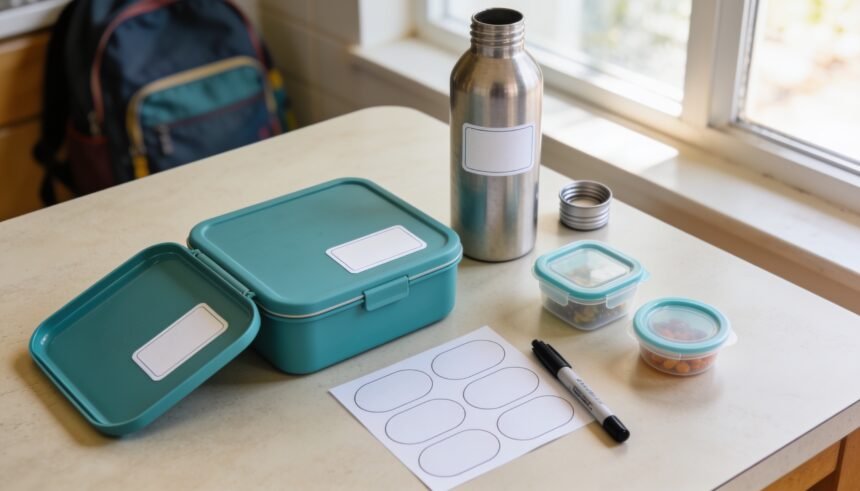 Lunchbox base, separate lid, drink bottle and snack tubs laid out with blank labels and a marker.