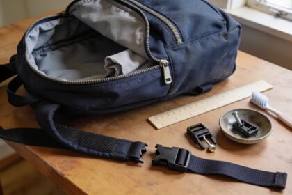 School backpack with lining caught at its zip, a broken strap buckle and matching repair parts on a table.